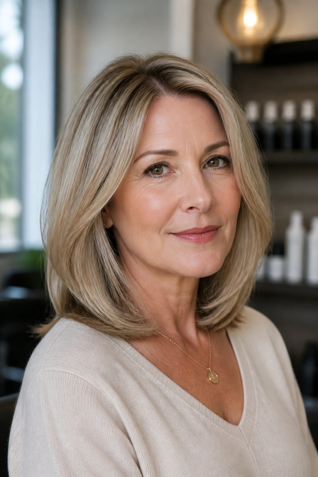 Close-up of a real woman with shoulder-length straight hair and light face-framing layers.