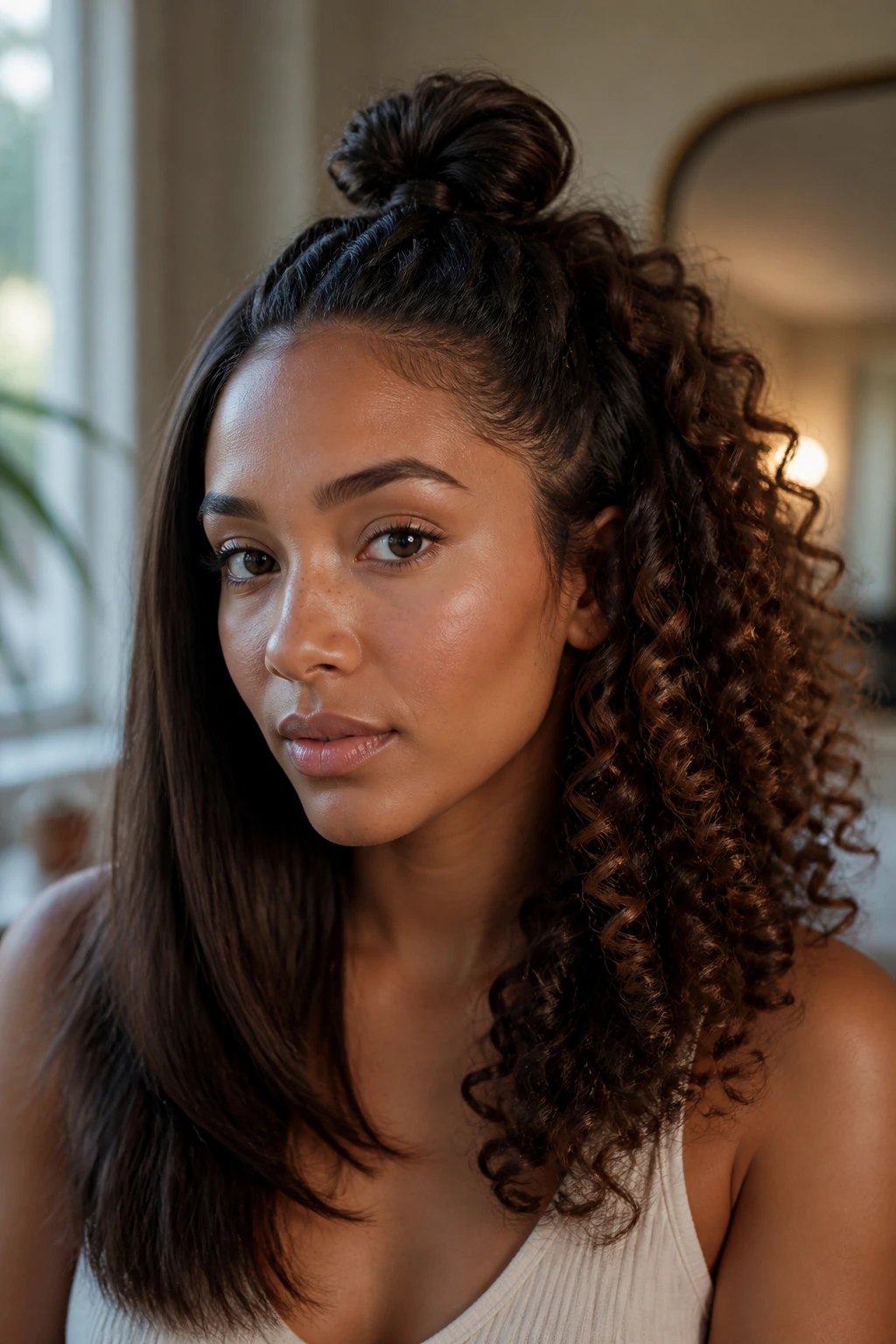 Close-up portrait showing varied hair textures on one head to illustrate styles for different hair types