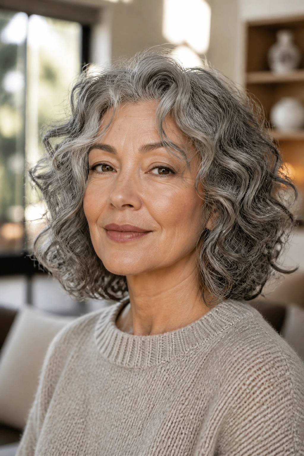 Real woman with curly lob haircut showing variation for gray hair