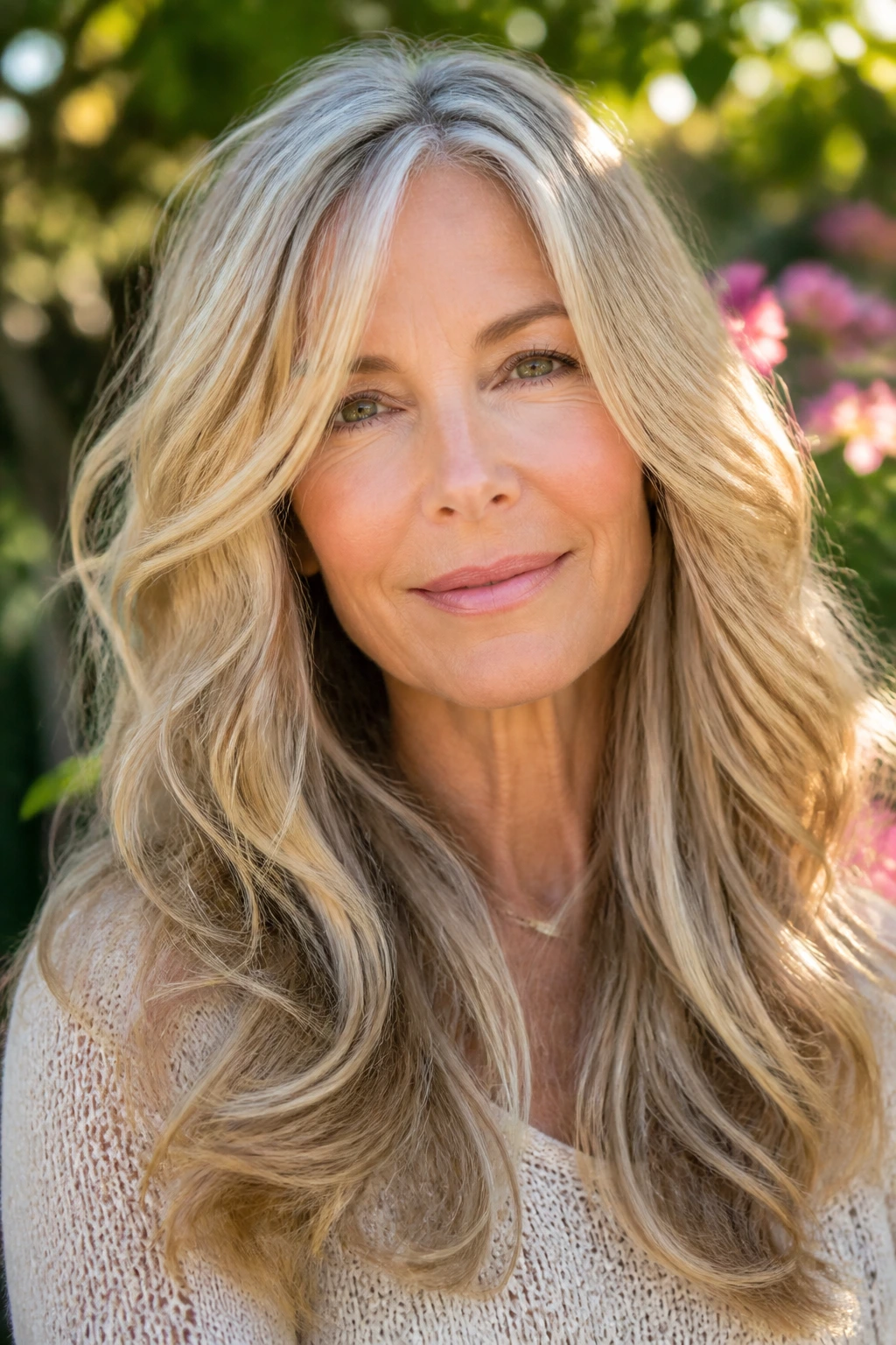 Portrait of a real woman with long hair styled in soft waves showing a variation option.