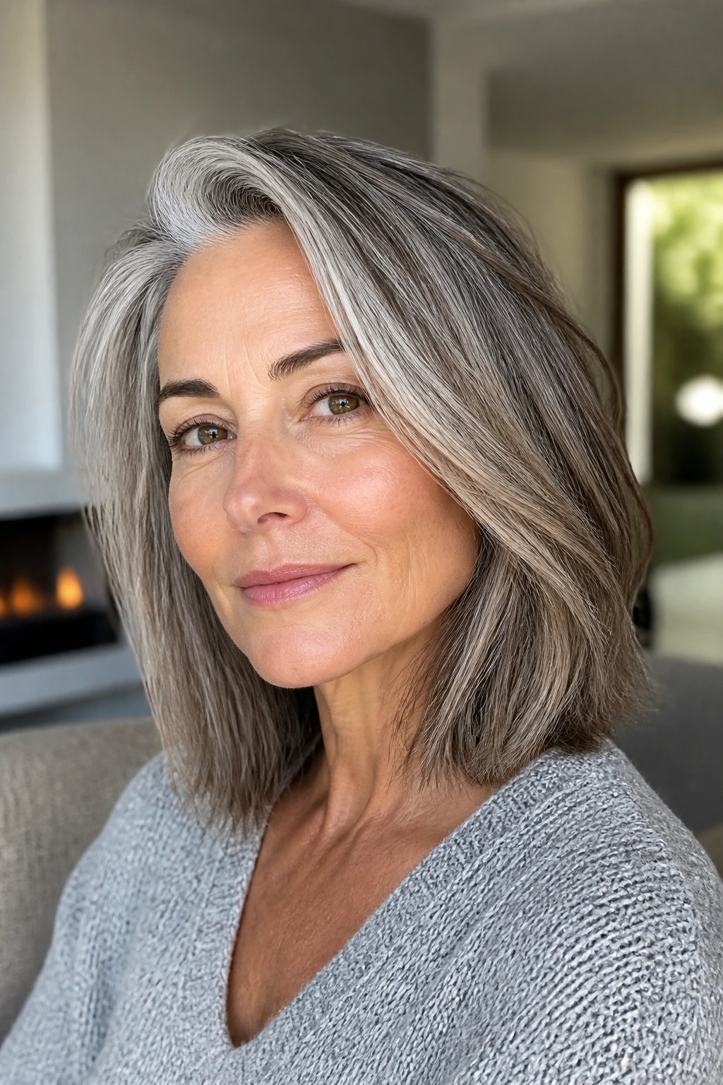 Real woman with shoulder-length lob showing gray hair and soft movement