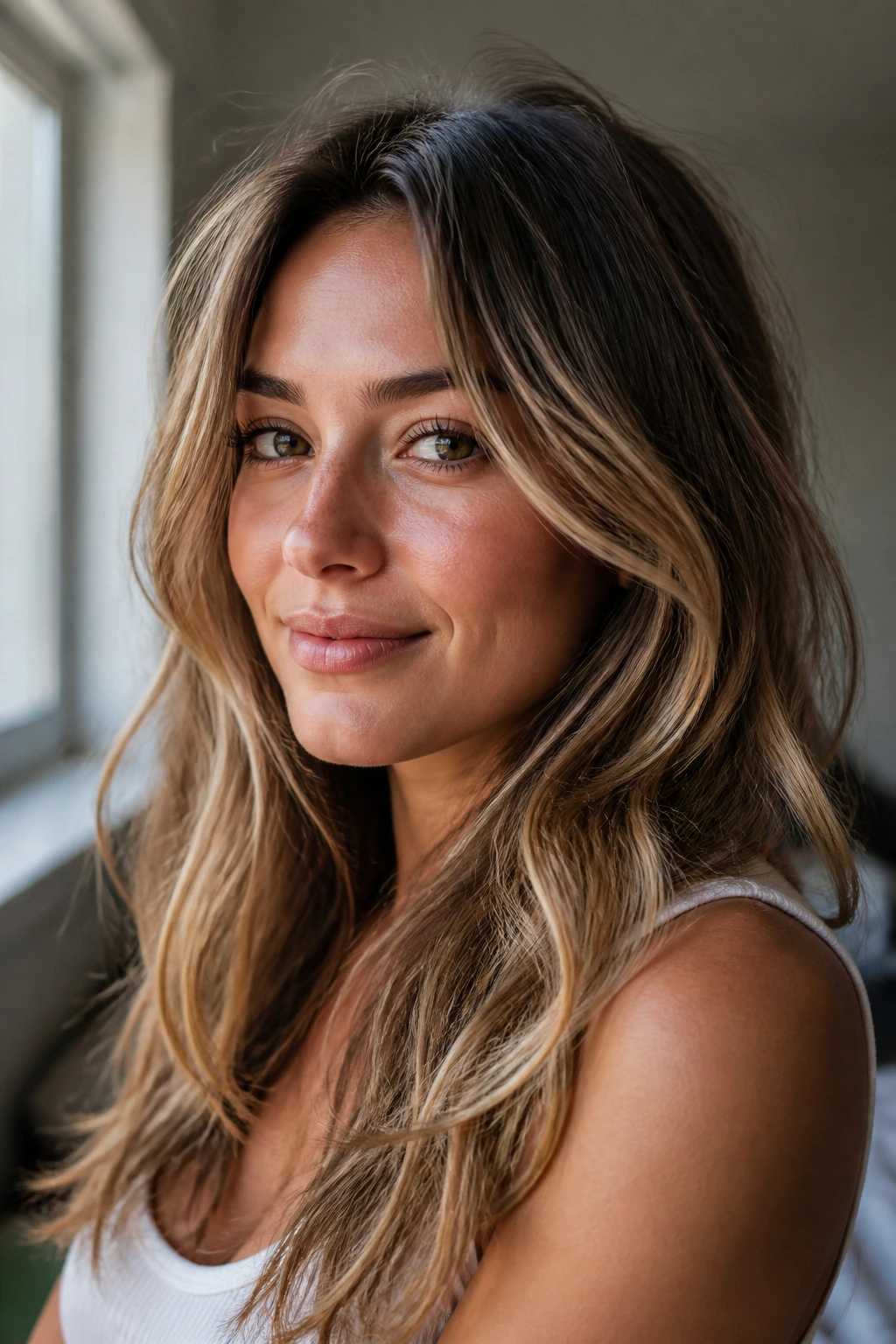 Close-up portrait showing varied hair textures with subtle highlights on a real person
