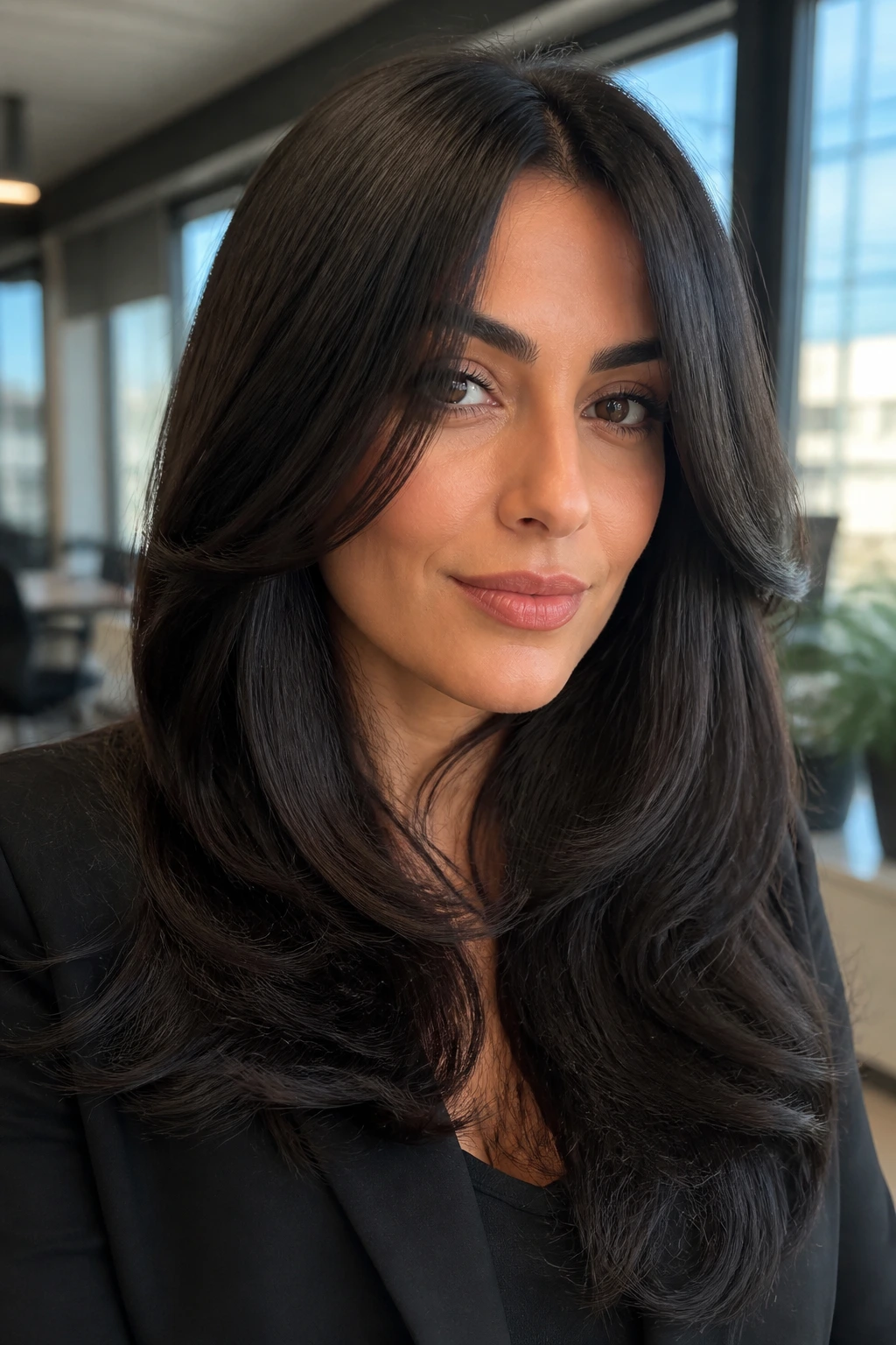 Portrait of a person with sleek glossy dark hair in an office setting