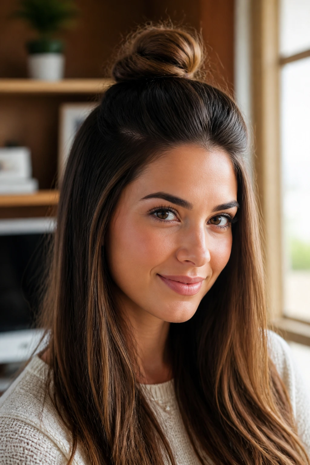 Portrait of a real woman with crown lift in a half-up knot styling