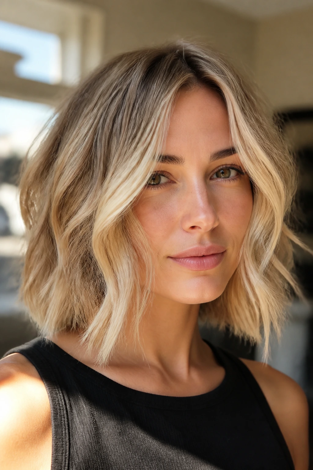 Portrait of a real woman with a blonde choppy lob showing texture for hair types