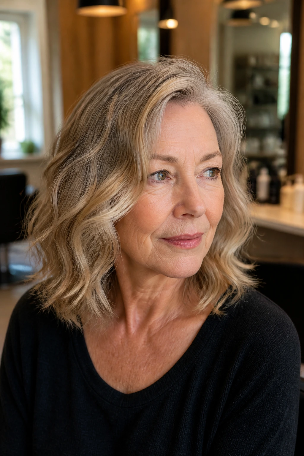 Close-up of a real woman with shoulder-length wavy hair in a salon setting