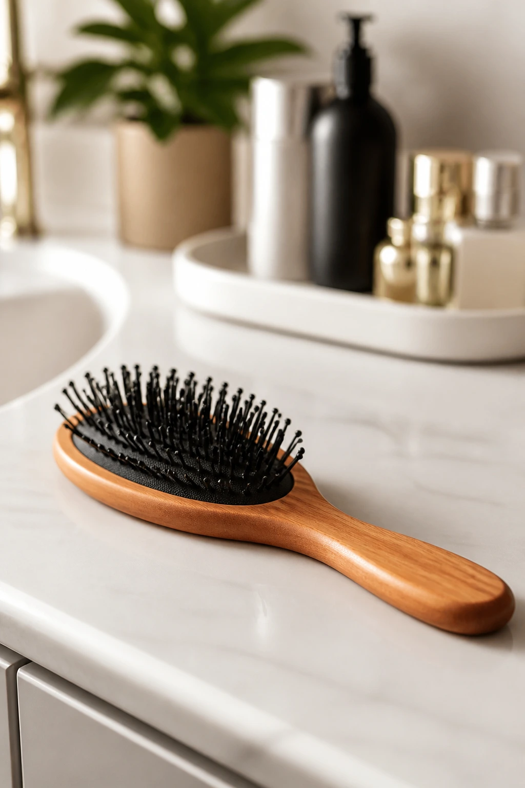 Close-up of a plain hairbrush on a bathroom counter
