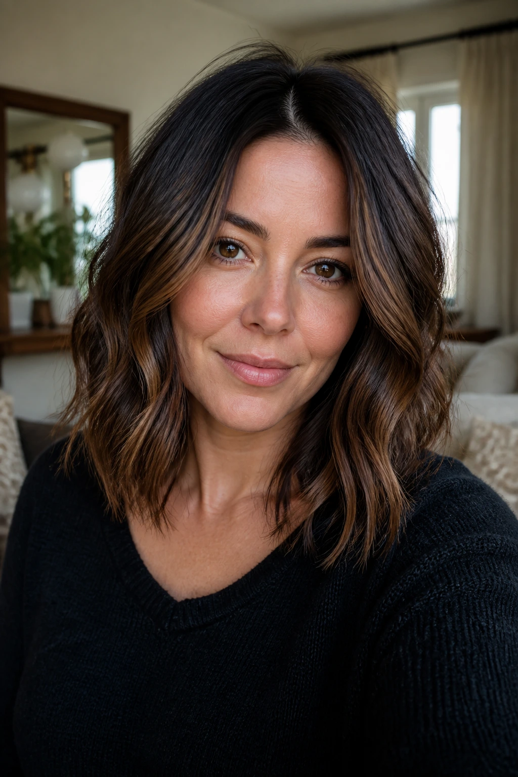 Close-up portrait of a real woman with multi-tonal medium-length hair featuring shadow roots, babylights, and espresso gloss