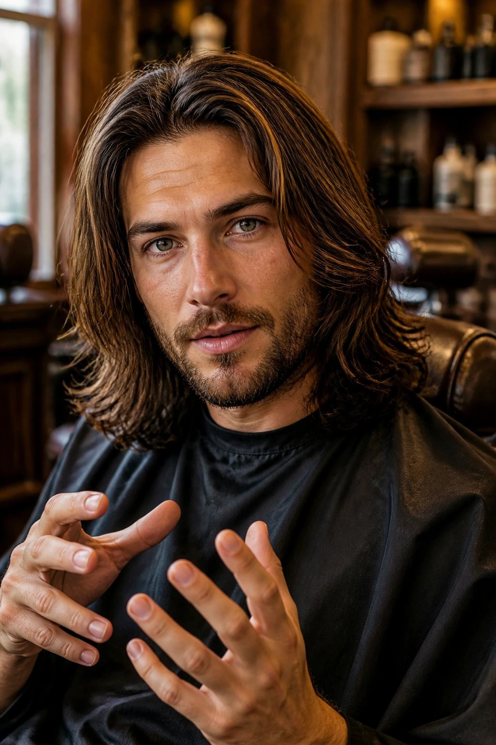 Close-up of a real man in a barber chair explaining haircut preferences in a warm barber shop