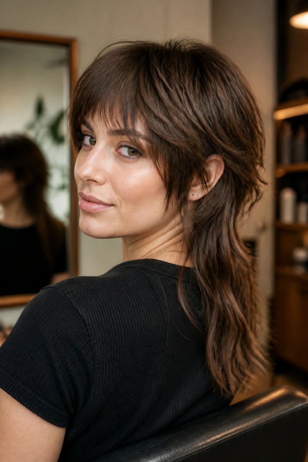 Portrait of a real woman in a salon chair with mullet ready for first snip