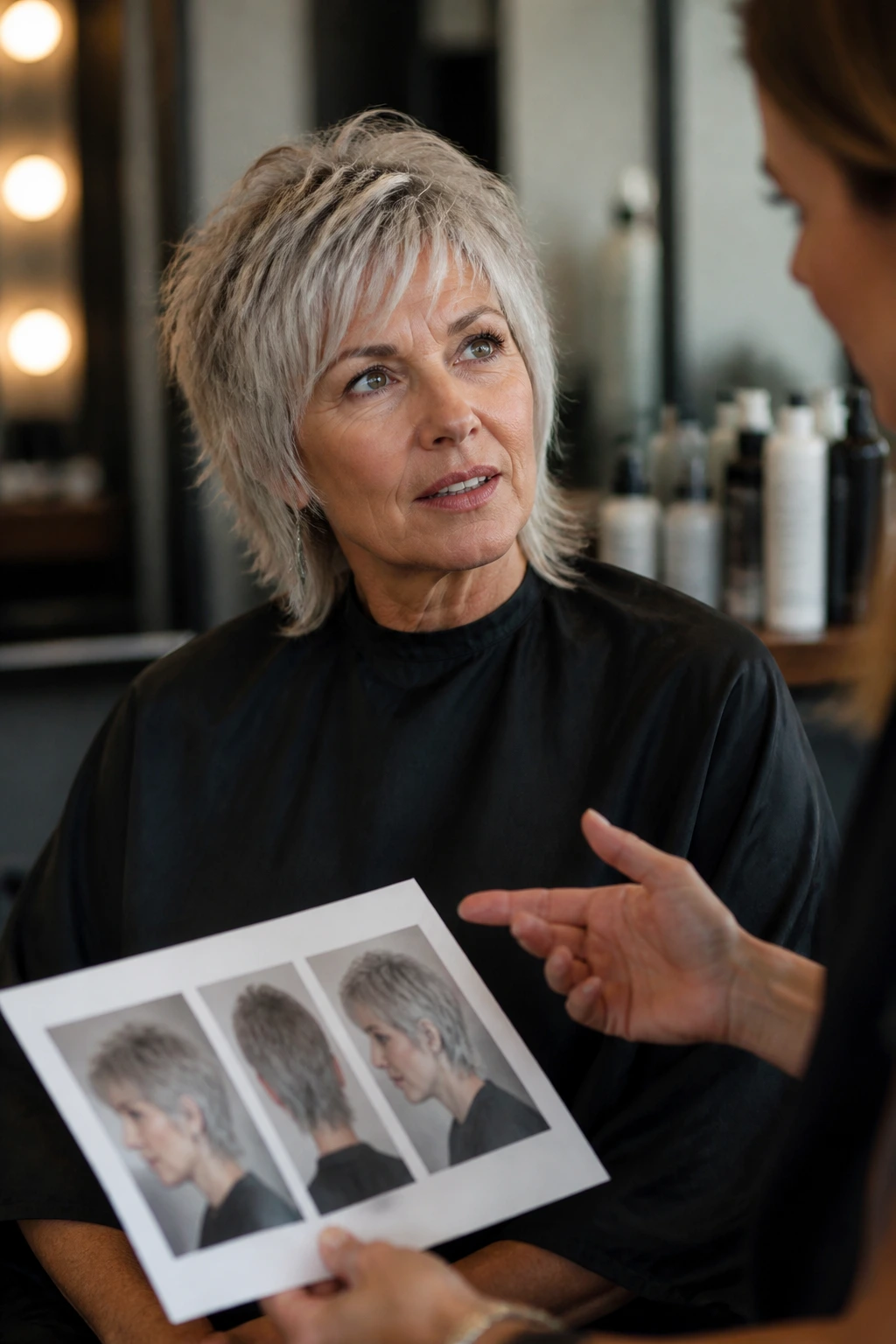 Portrait of a client discussing haircut details with a stylist in a salon.