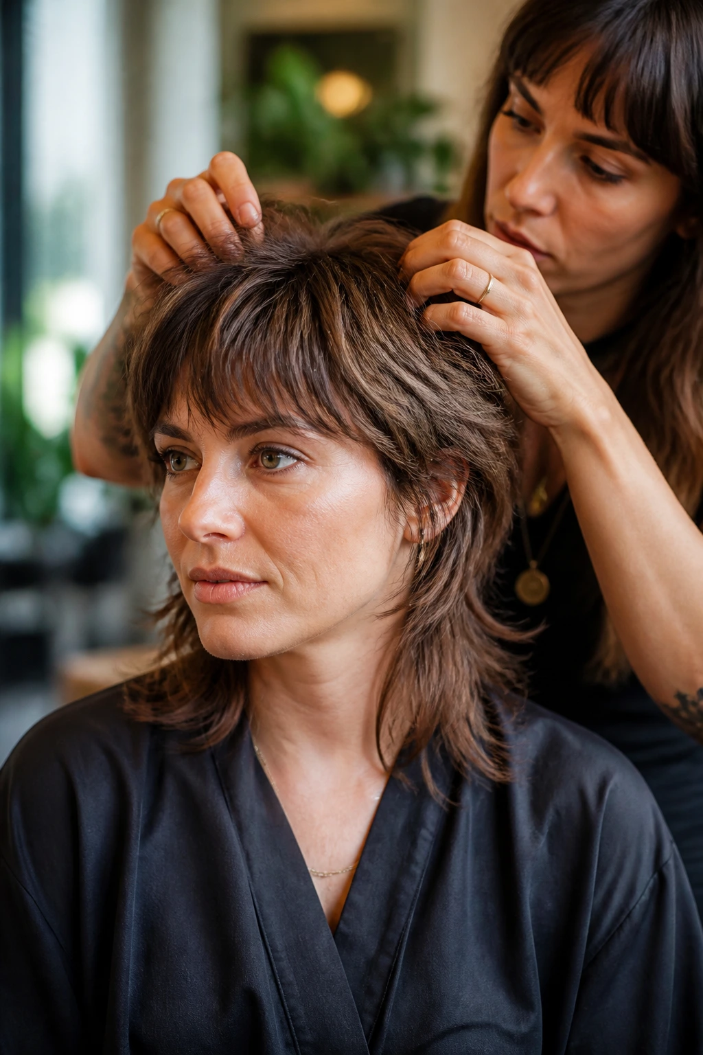 Close-up portrait of a woman in a salon discussing haircut details with a stylist