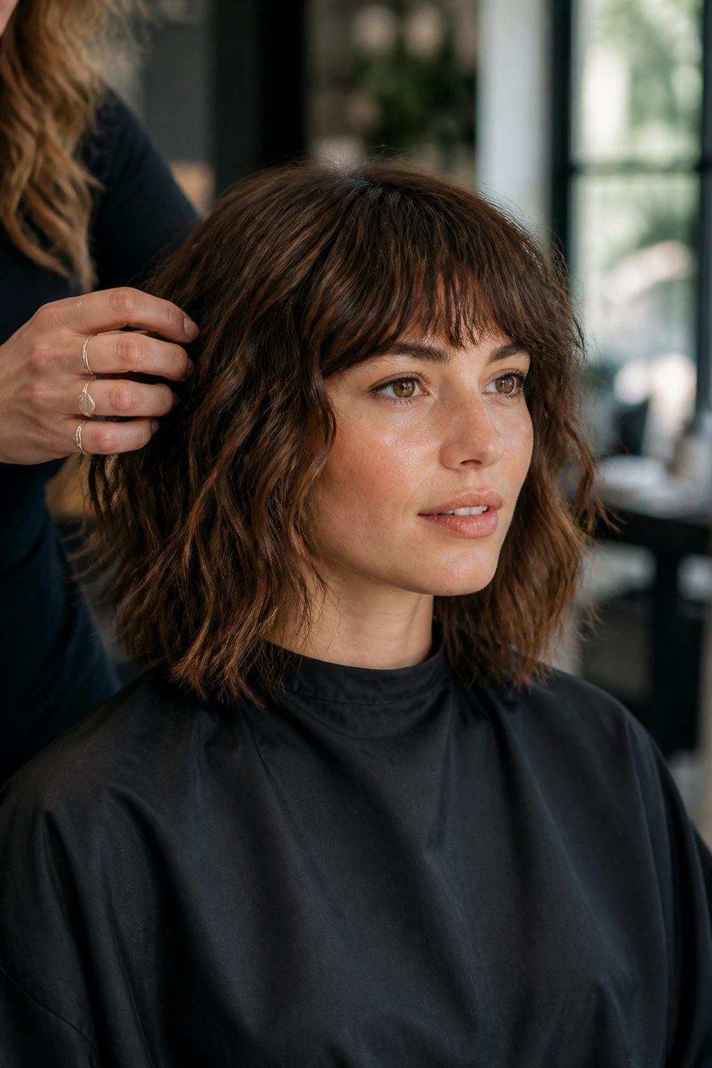 Close-up of a real person in a salon discussing a shag bob with bangs