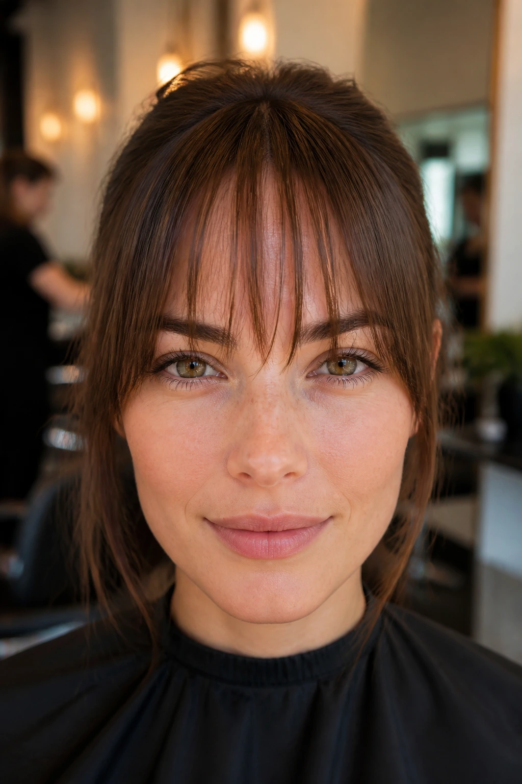 Portrait of a real woman with a well-cut fringe in a salon setting