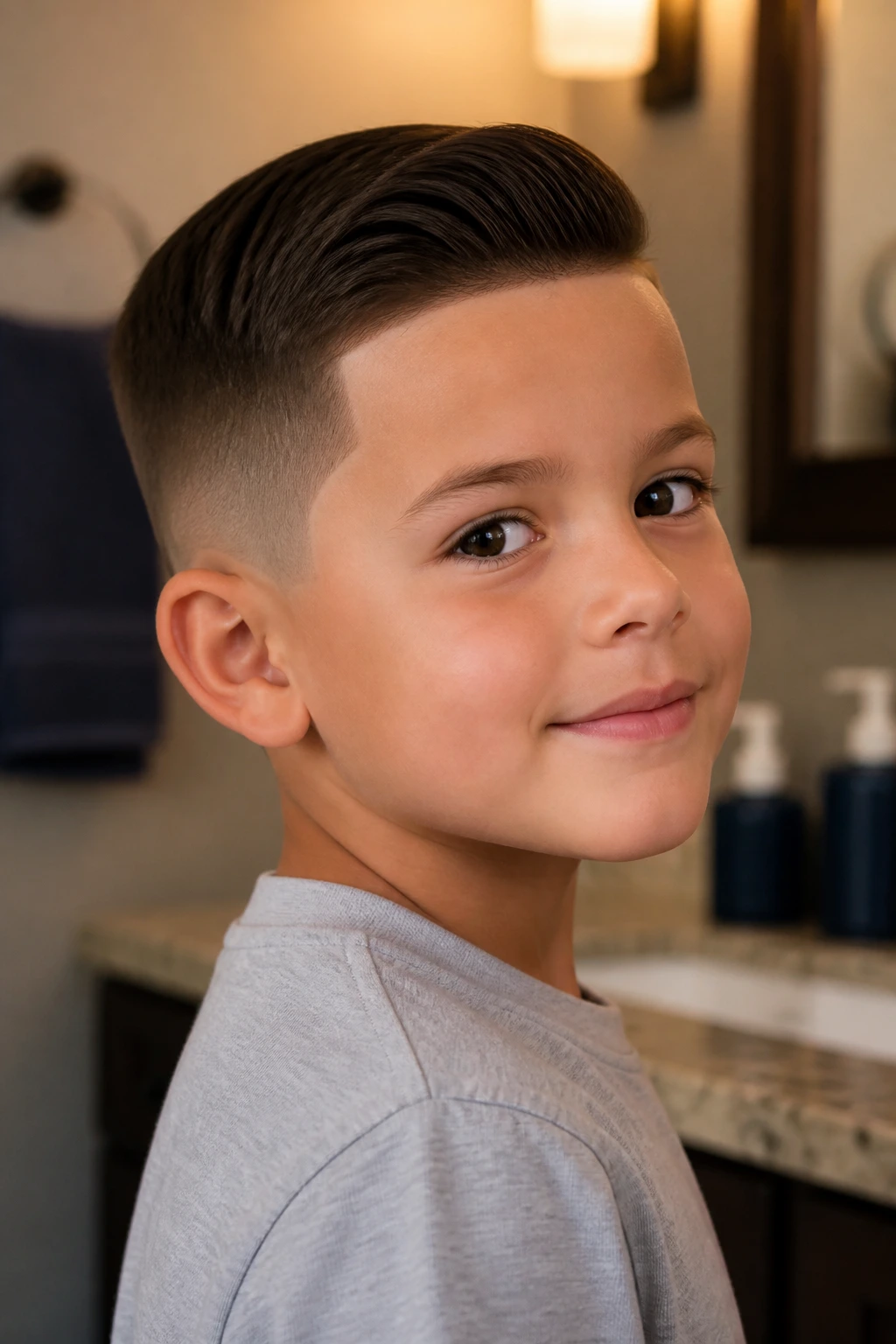 Close-up of a boy with a neatly trimmed haircut and clean neckline in a cozy bathroom