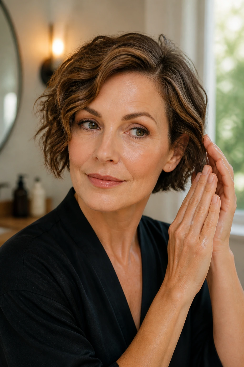 Woman applying small amount of hair product to mid-lengths of short wavy hair