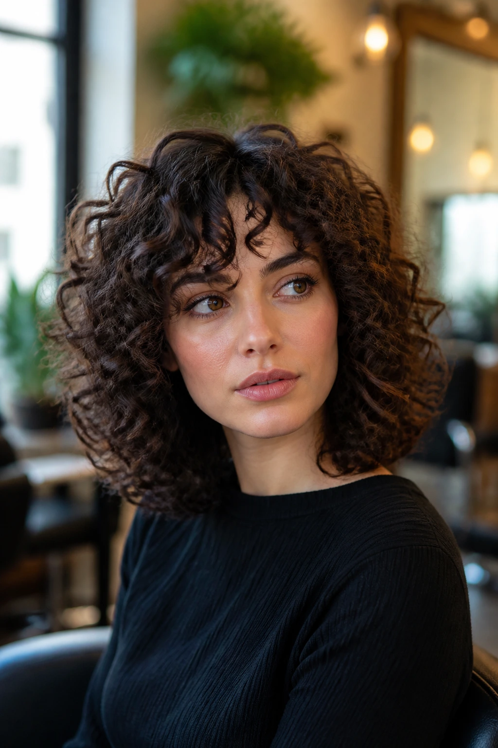 Close-up portrait of a real person in a salon chair considering a haircut, showing thoughtful expression and curly hair texture