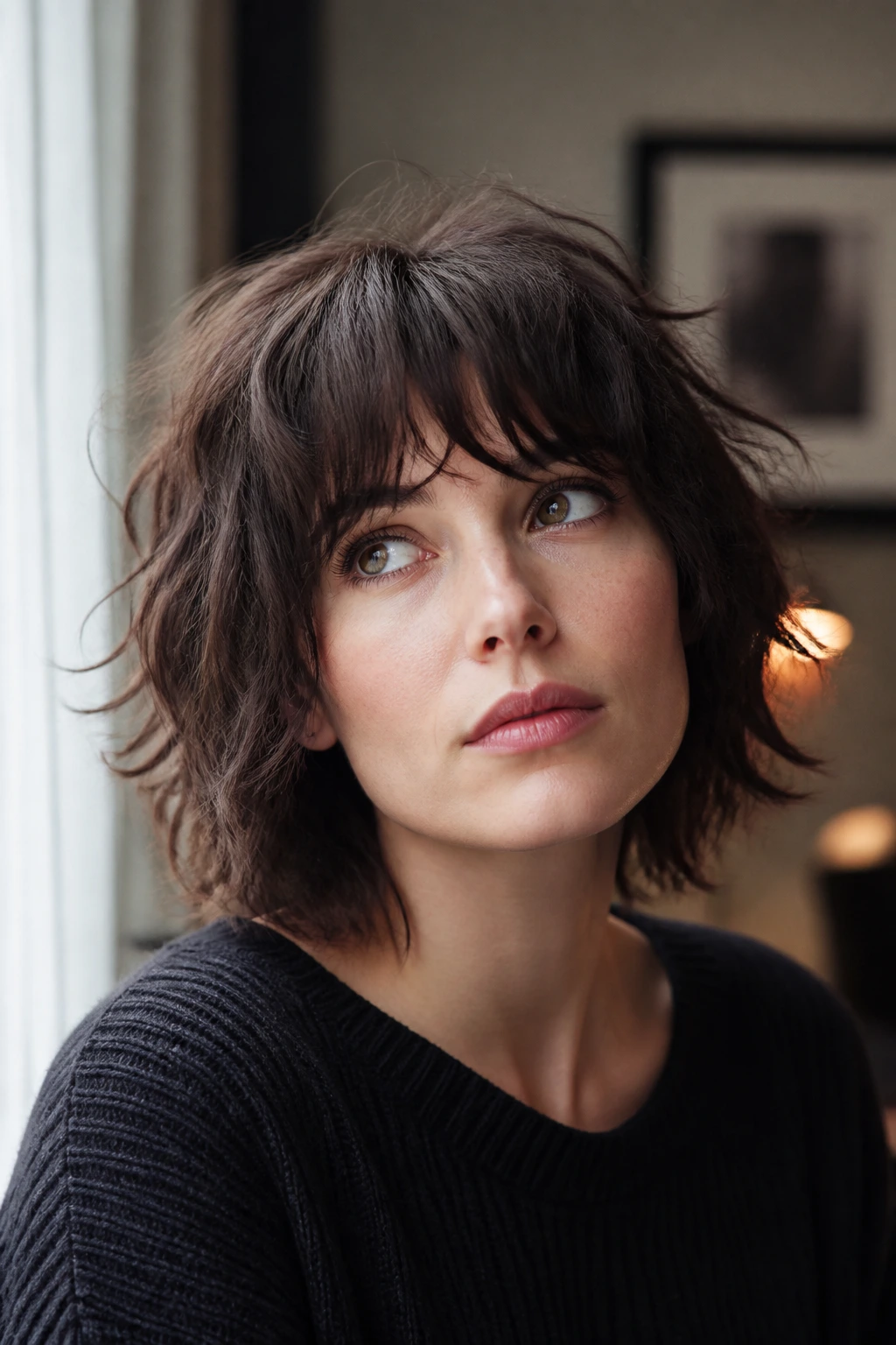 Portrait of a real woman with a short wavy shag and bangs, thoughtful about haircut questions