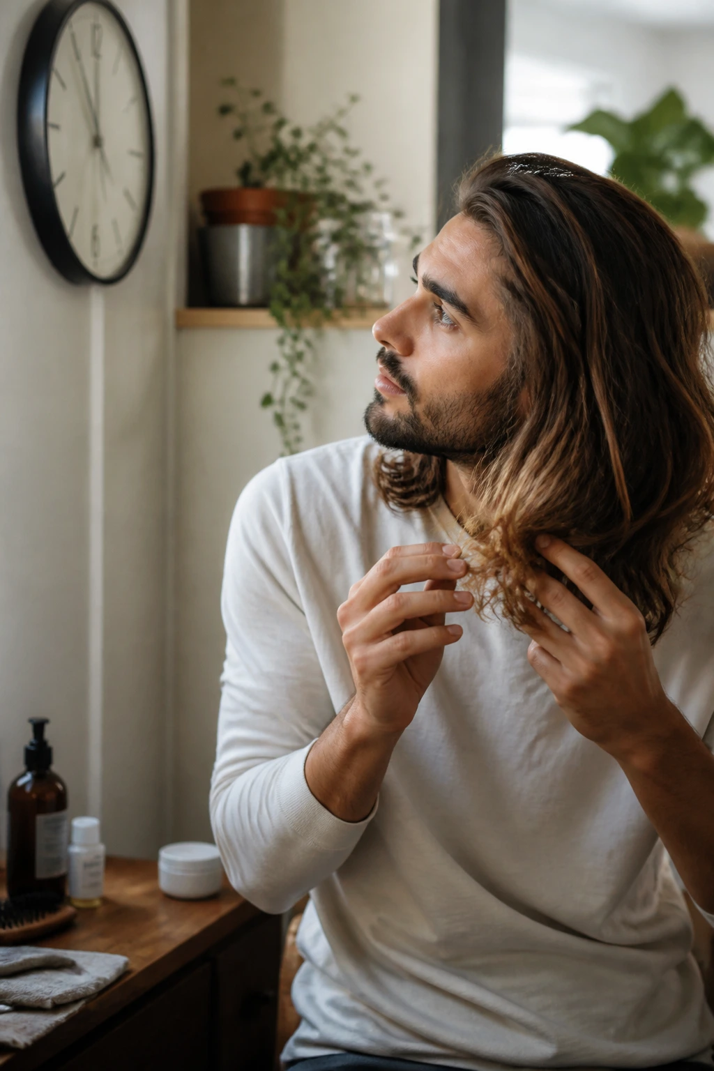 Man with long hair at home checking the clock, representing maintenance schedule
