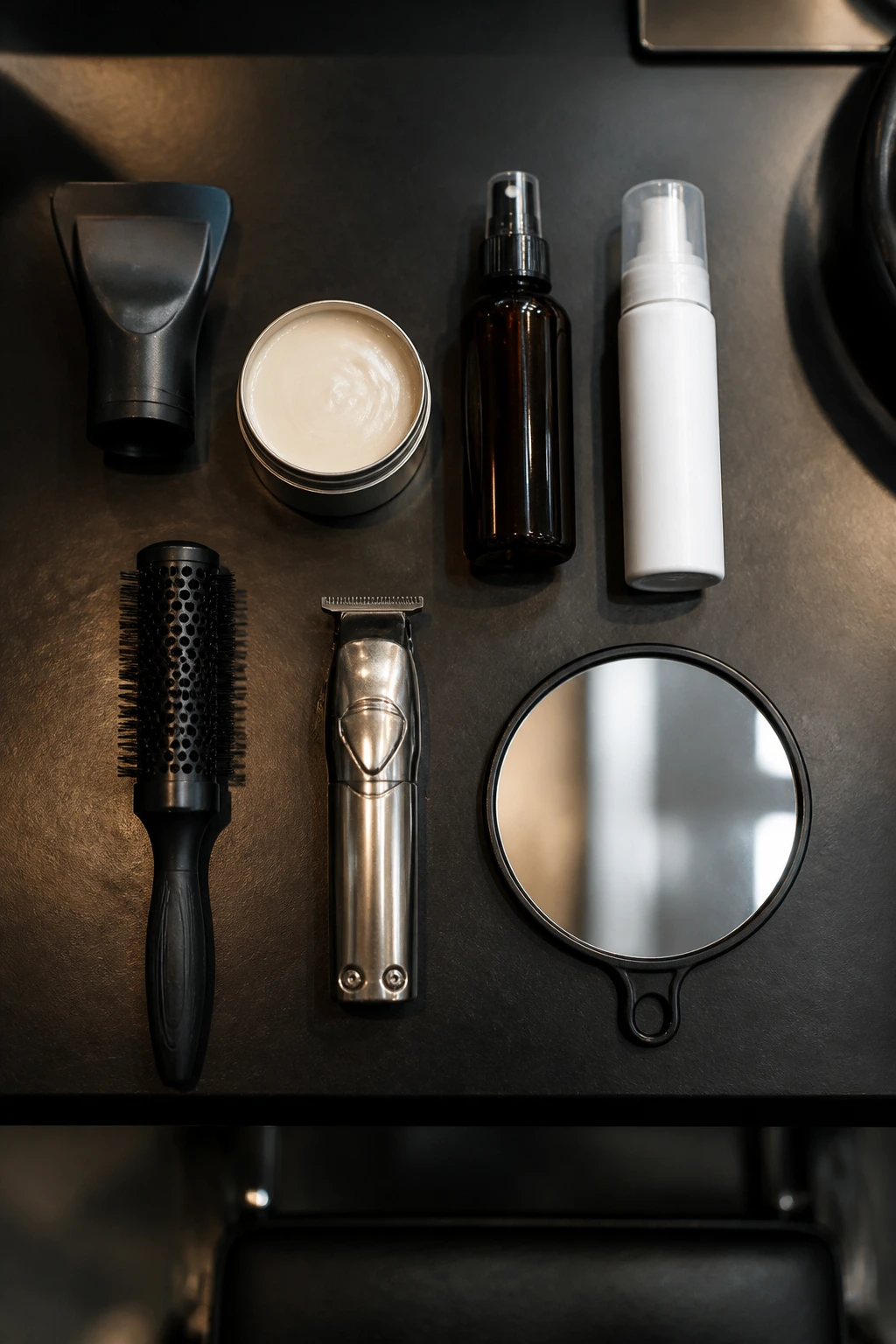 Top-down arrangement of essential hair-cutting tools on a salon counter