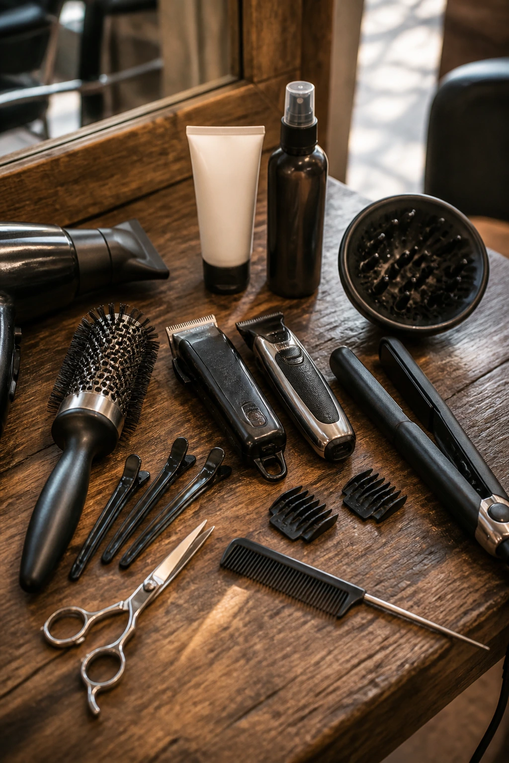 Still-life of essential haircutting tools on wooden salon station