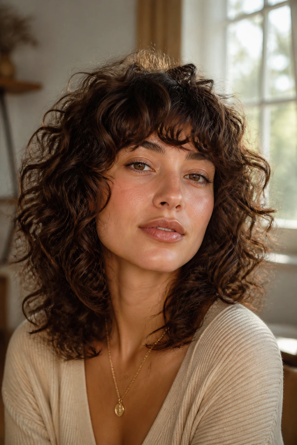 Close-up portrait of a real woman with medium-length curly hair and bangs in natural window light