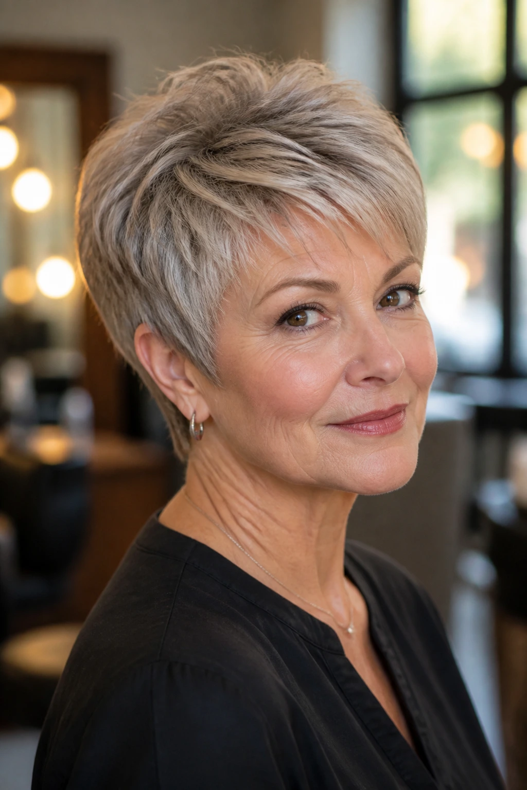 Close-up portrait of a woman with a short haircut showing a clean perimeter line and lifted crown in a salon setting