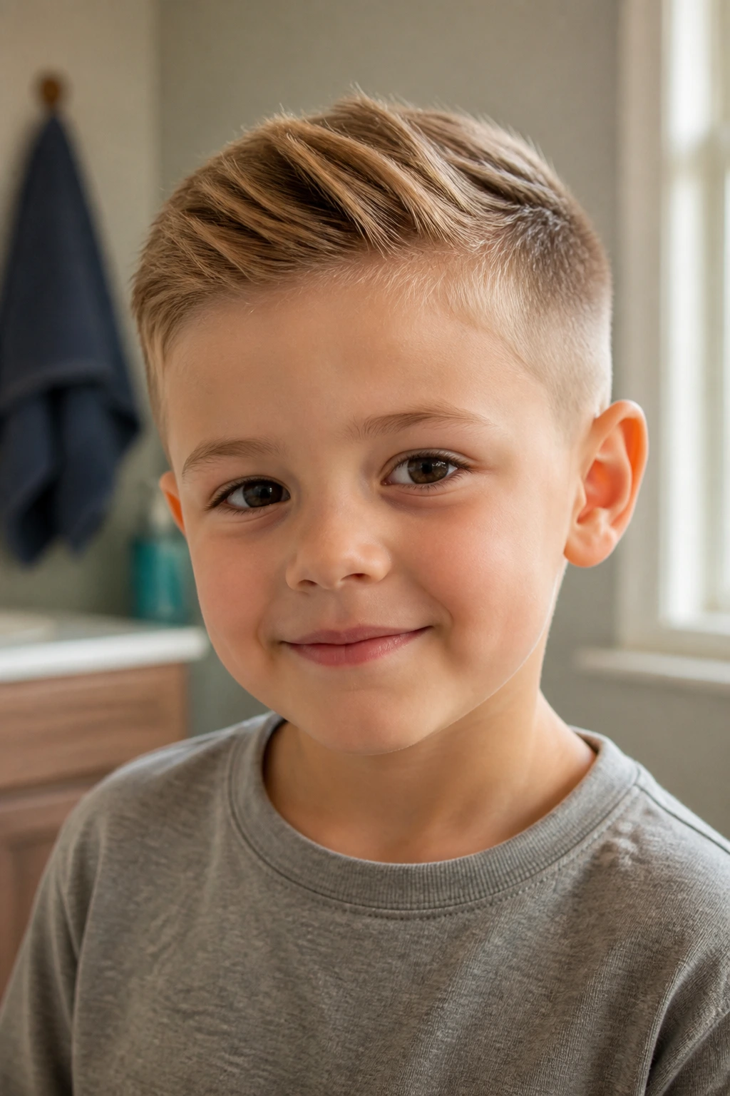 Close-up portrait of a real boy with a neat, low-maintenance haircut in a morning bathroom.
