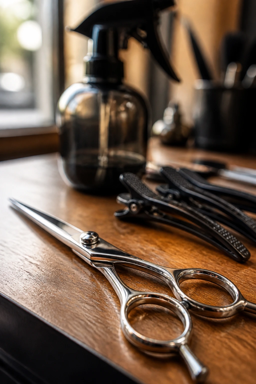 Close-up of sharp haircutting scissors on a salon table for essential curly hair cutting tools