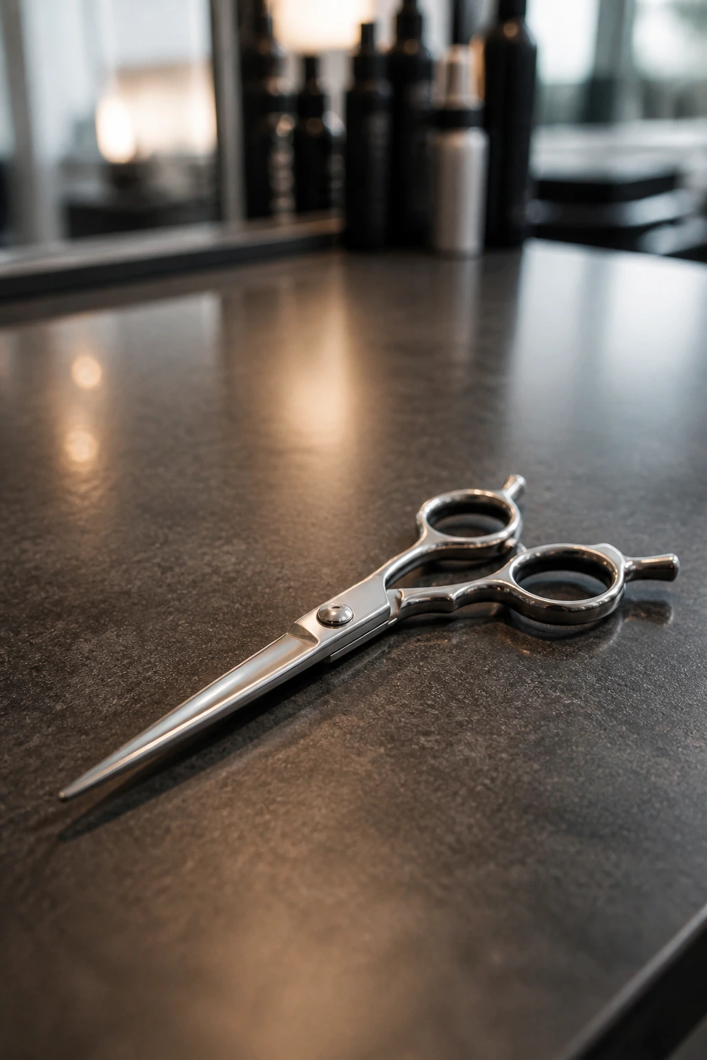 Close-up of a haircutting shear on a salon counter with blurred background