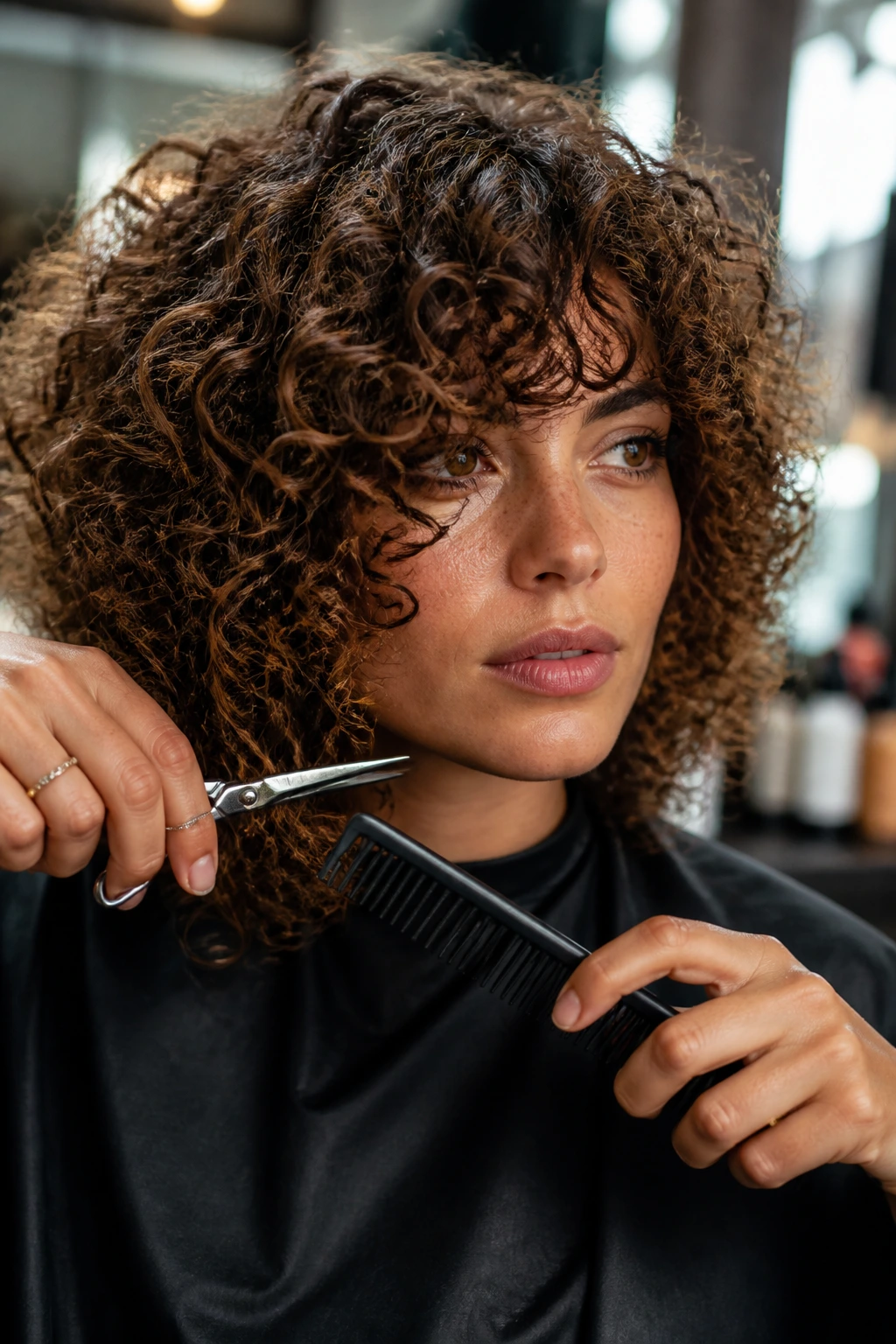Hands holding haircutting shears and wide-tooth comb near choppy curls on a real person.