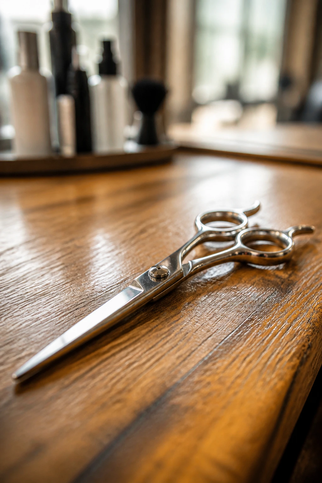 Close-up of sharp haircutting shears on a clean salon counter, professional tool.