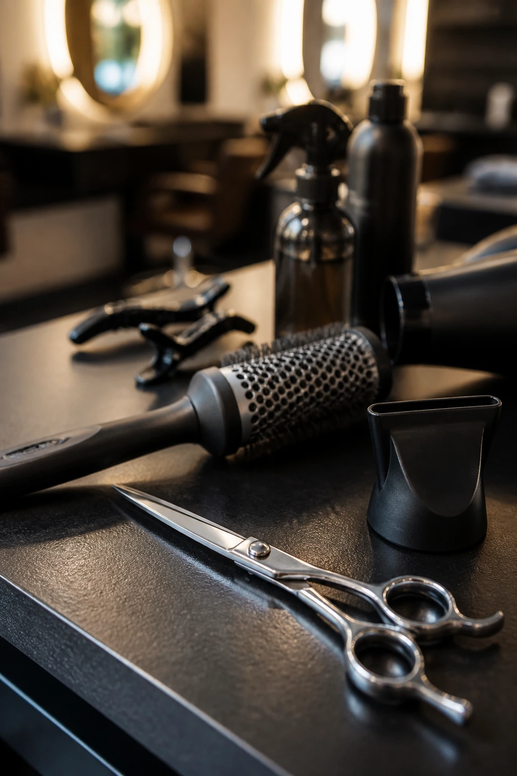 Close-up of professional hairdressing tools on a salon station