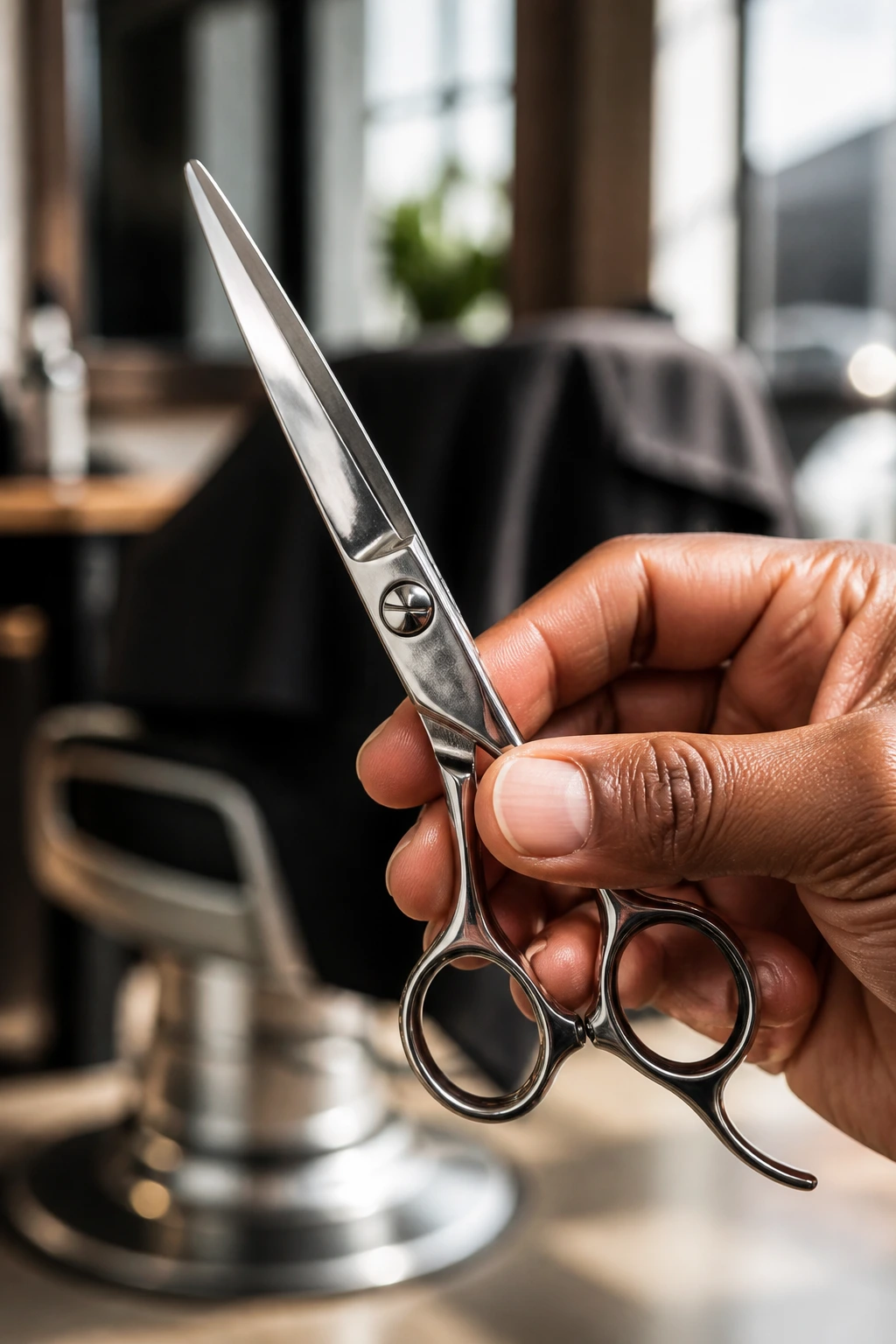 Close-up of a sharp haircutting shear in a salon setting