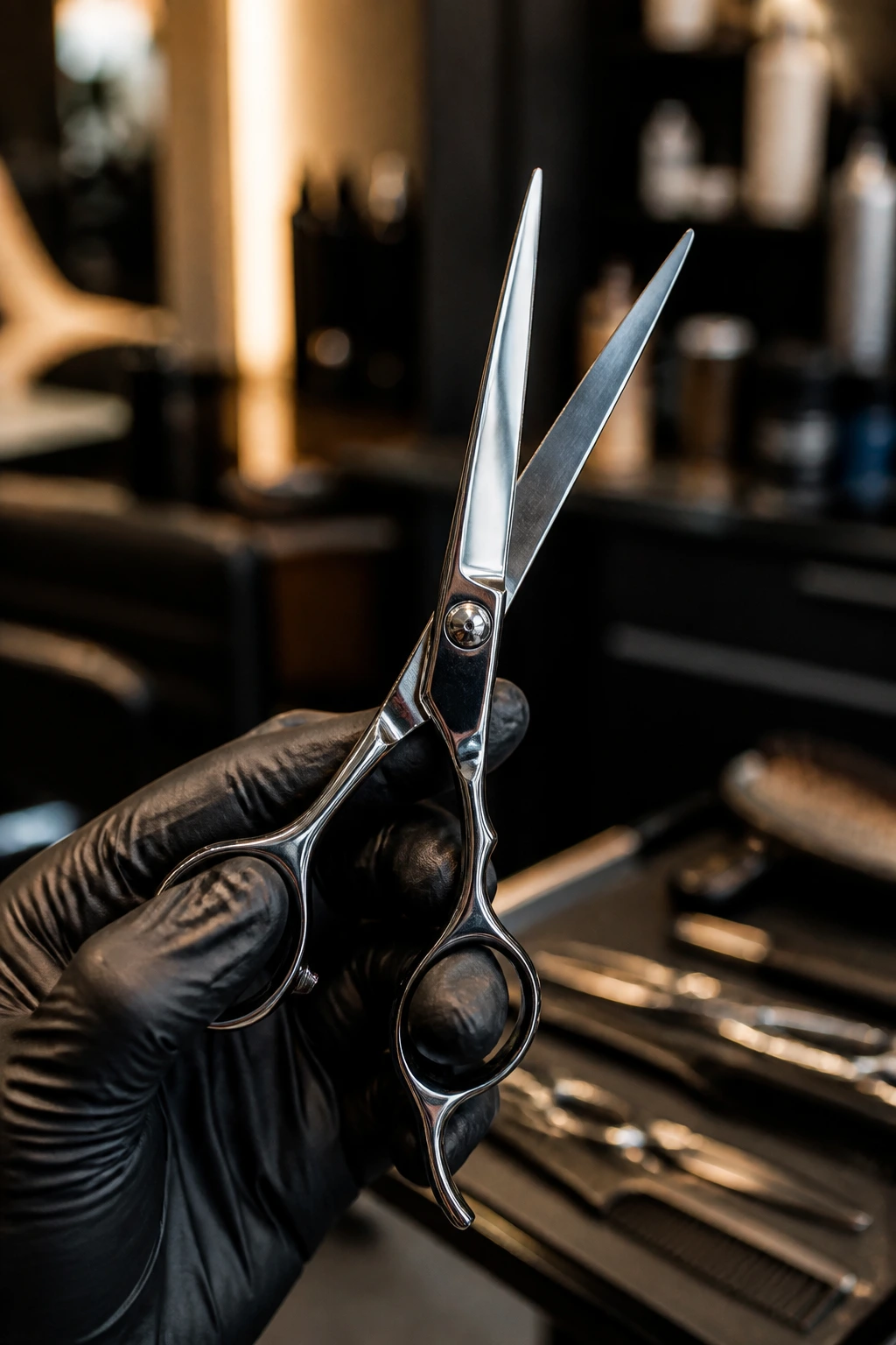 Close-up of professional haircutting shear in hand in salon