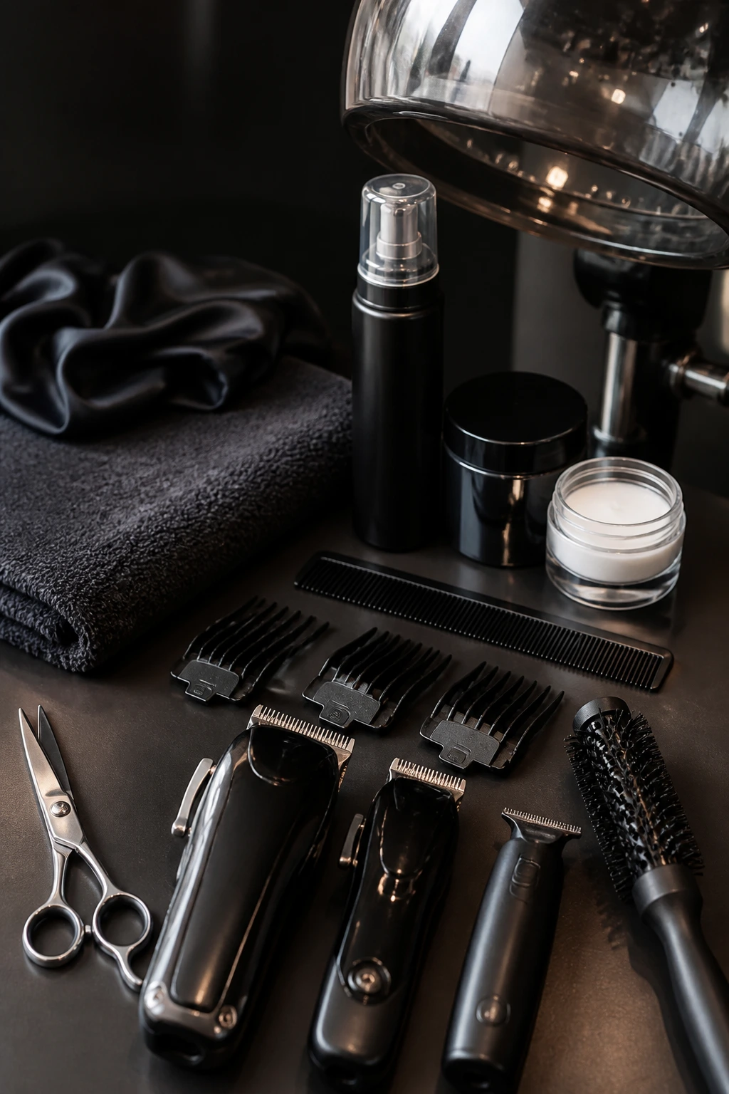 Close-up of essential haircutting tools for pixie cuts arranged on a salon counter