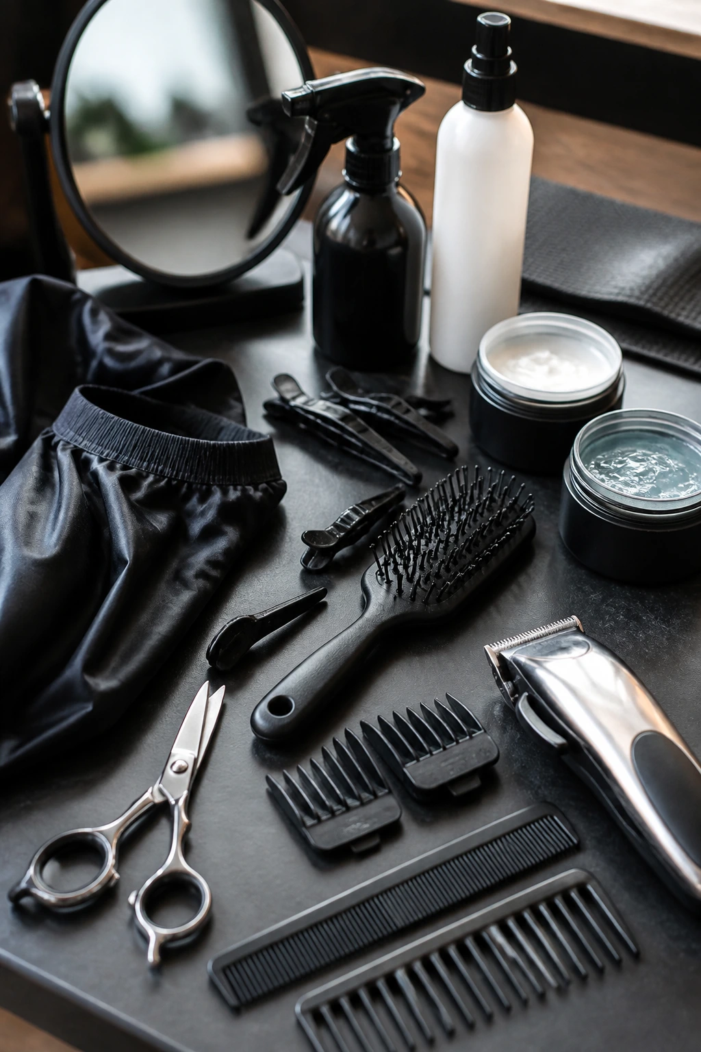 Close-up of essential haircutting tools arranged on a clean surface.