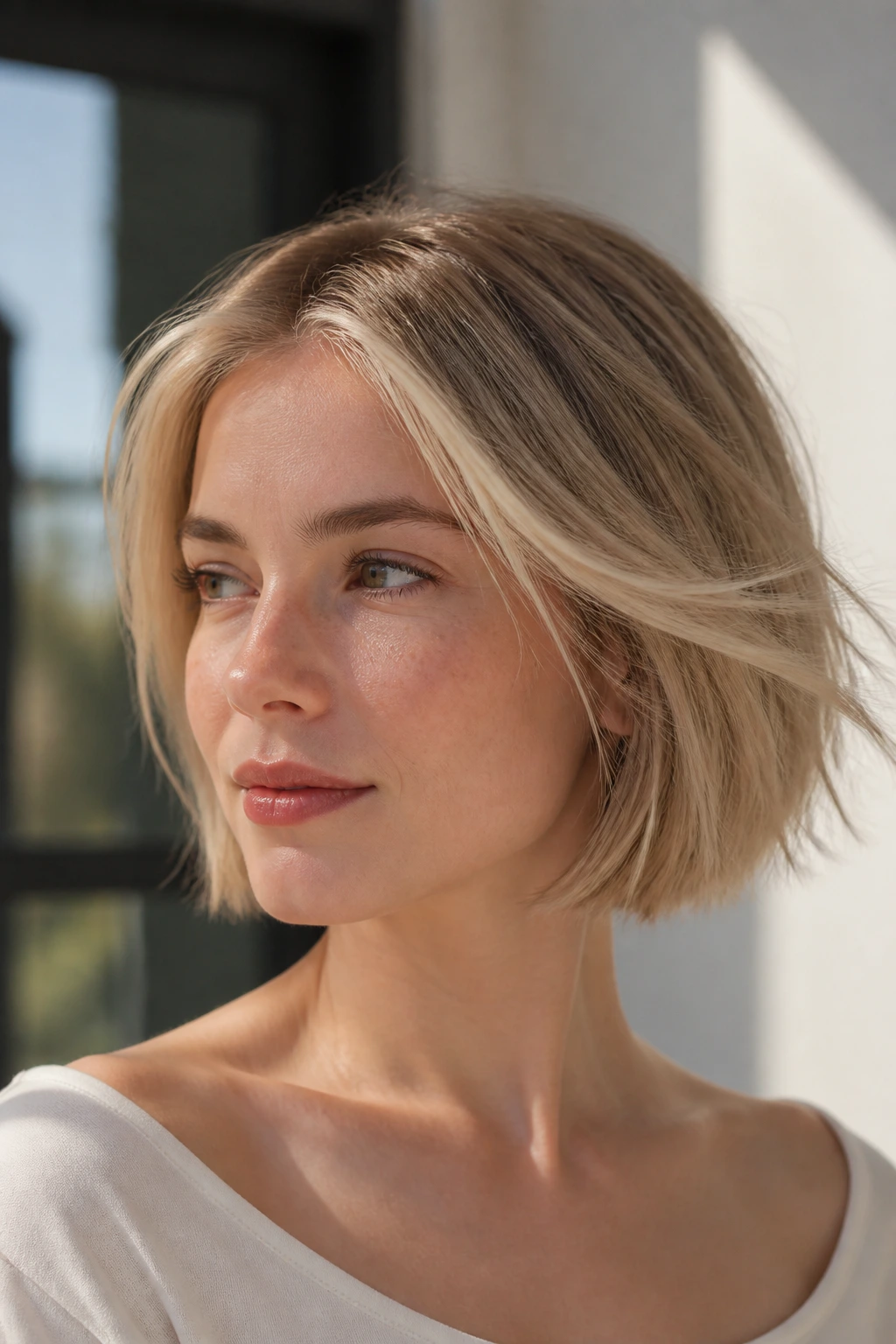 Close-up portrait of a real person with hairline babylights on a minimal blonde bob