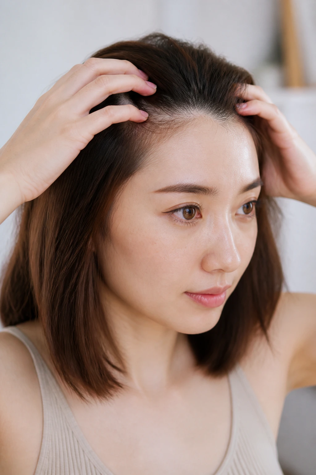 Close-up of a person examining their hairline