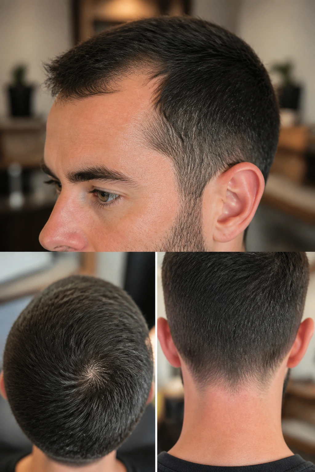 Close-up of a real person showing hairline, crown swirl, and nape for a cut.