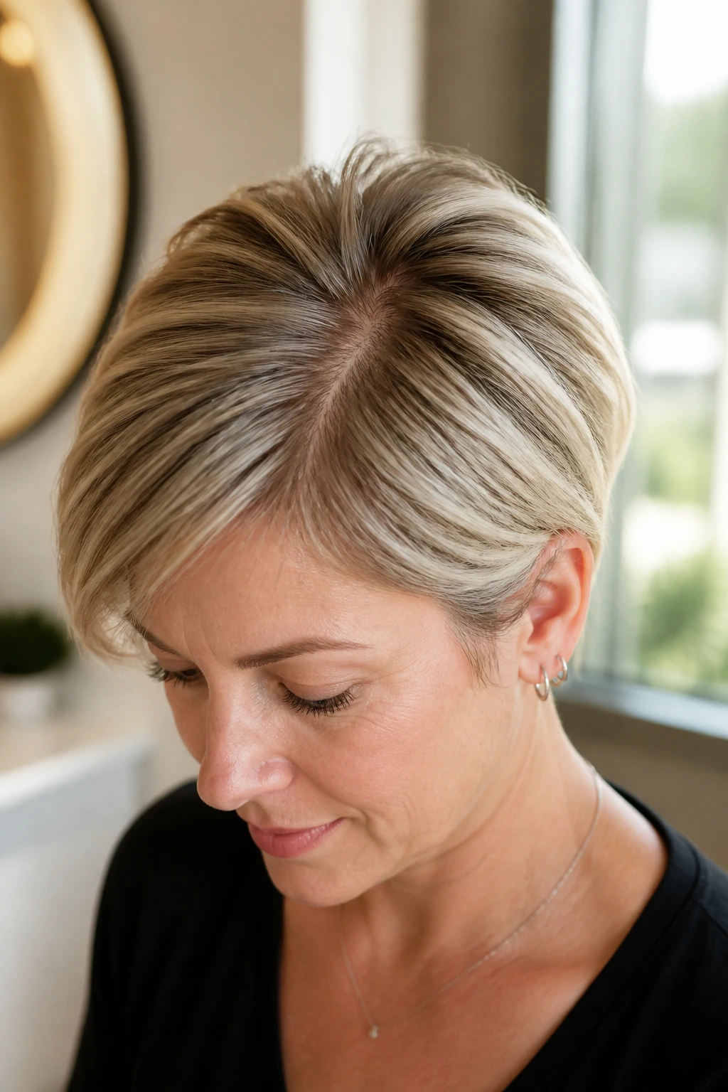 Close-up showing hairline, crown direction, and part on a real person.