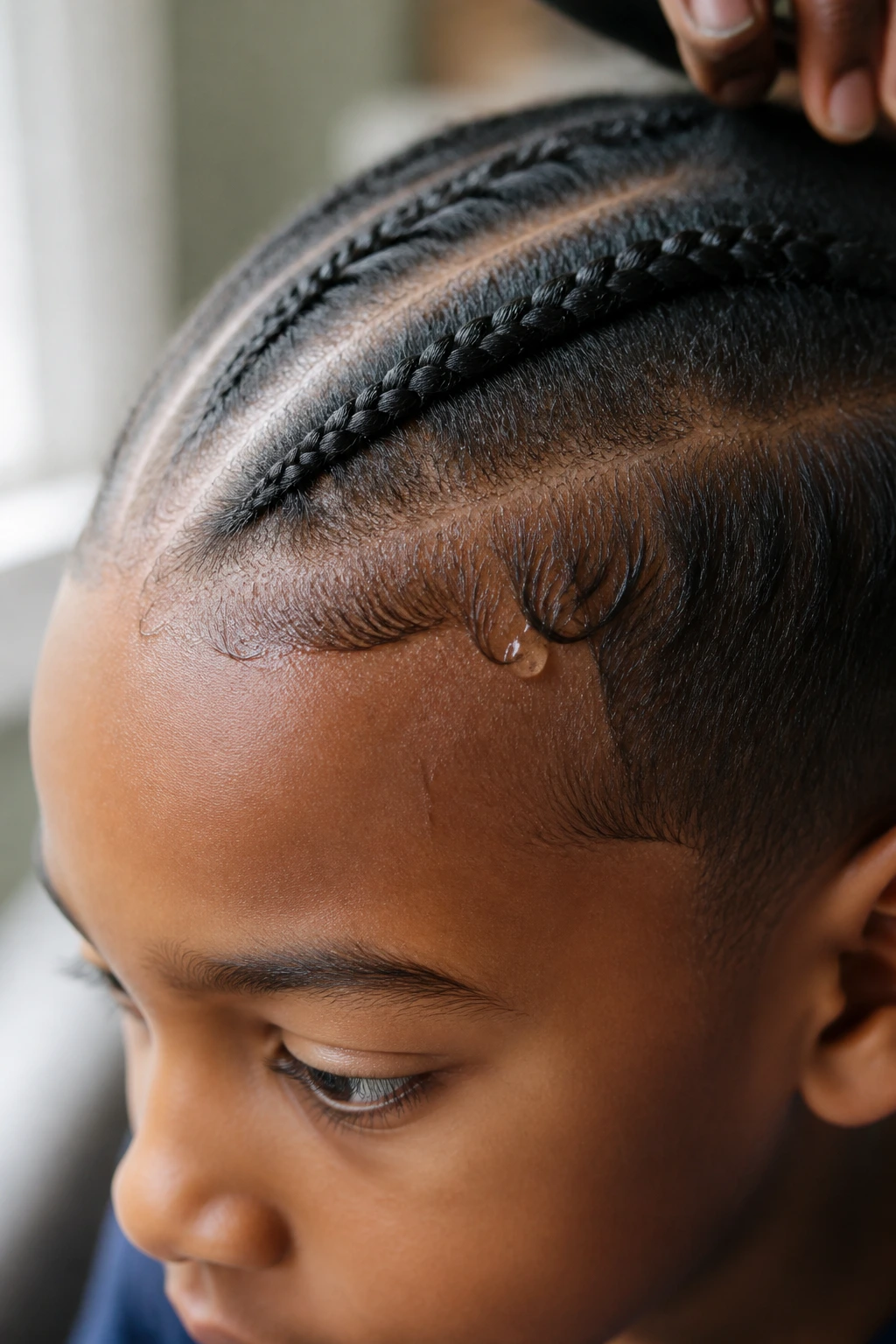 Close-up of a boy's front hairline showing neat braid starting near the forehead.