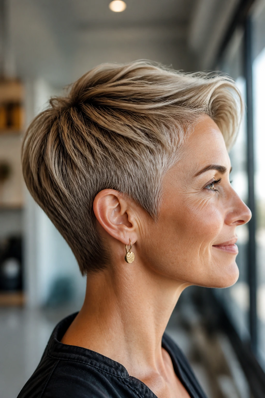 Close-up side profile of a real person with a hairline-friendly pixie cut.