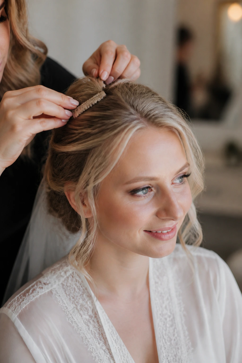 Real bride wearing a discreet clip-in hairpiece during bridal prep