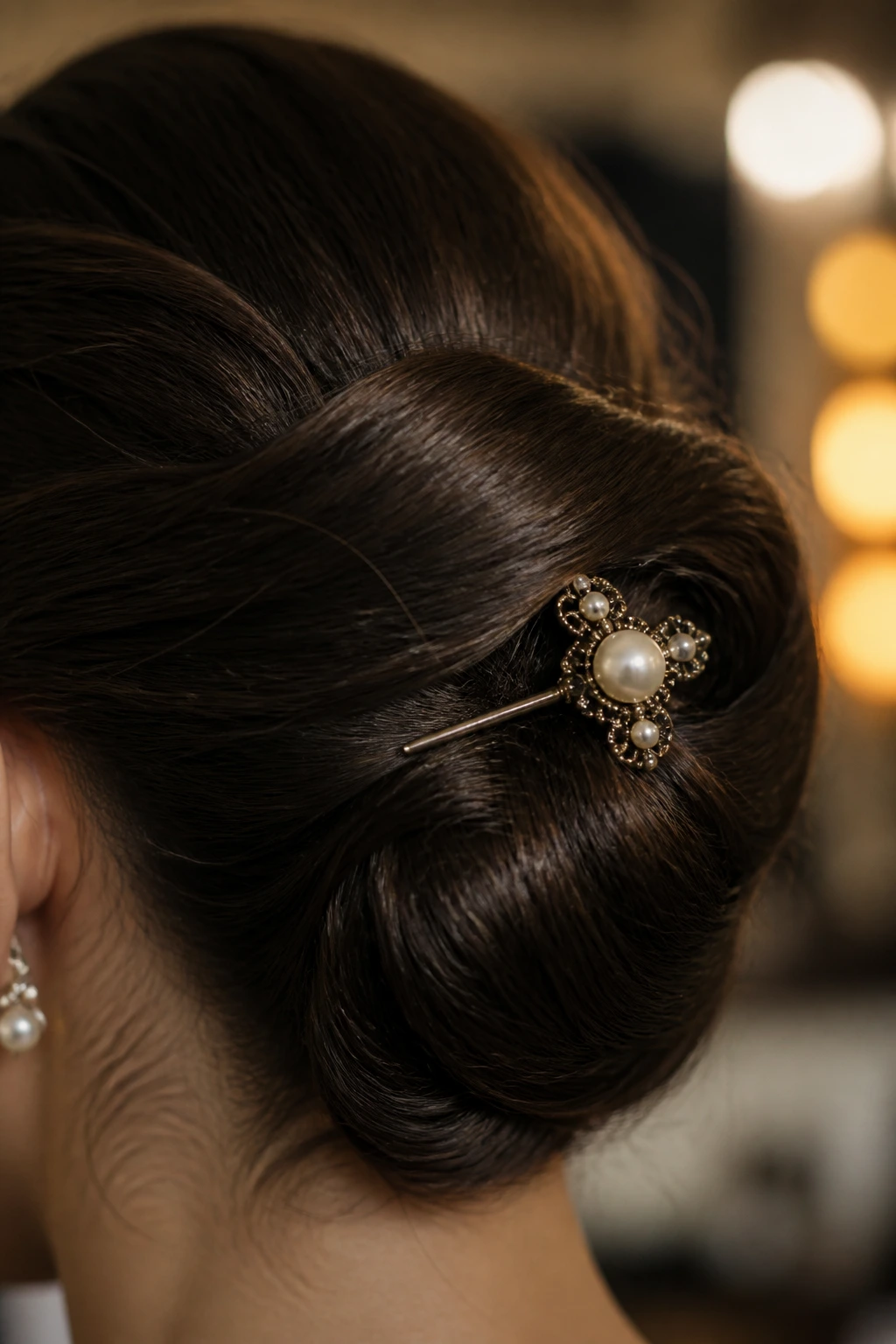 Macro close-up of a decorative hairpin securing a vintage updo