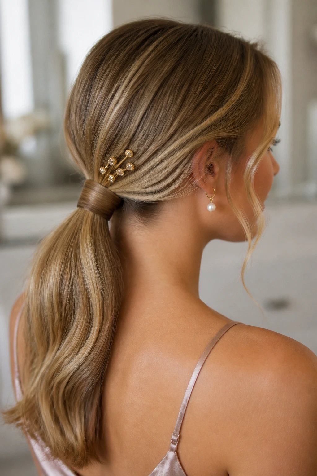 Real woman with gilded gold hairpins in low ponytail
