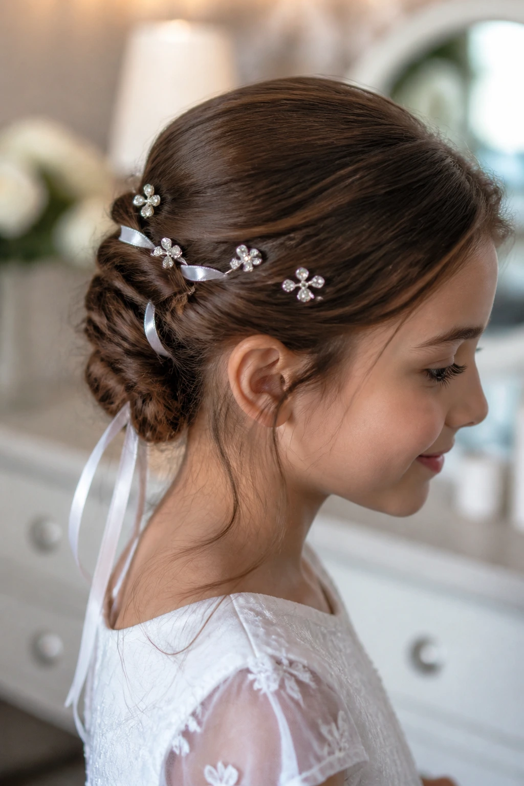 Portrait of a girl with hairpins and a slim satin ribbon in her hairstyle.