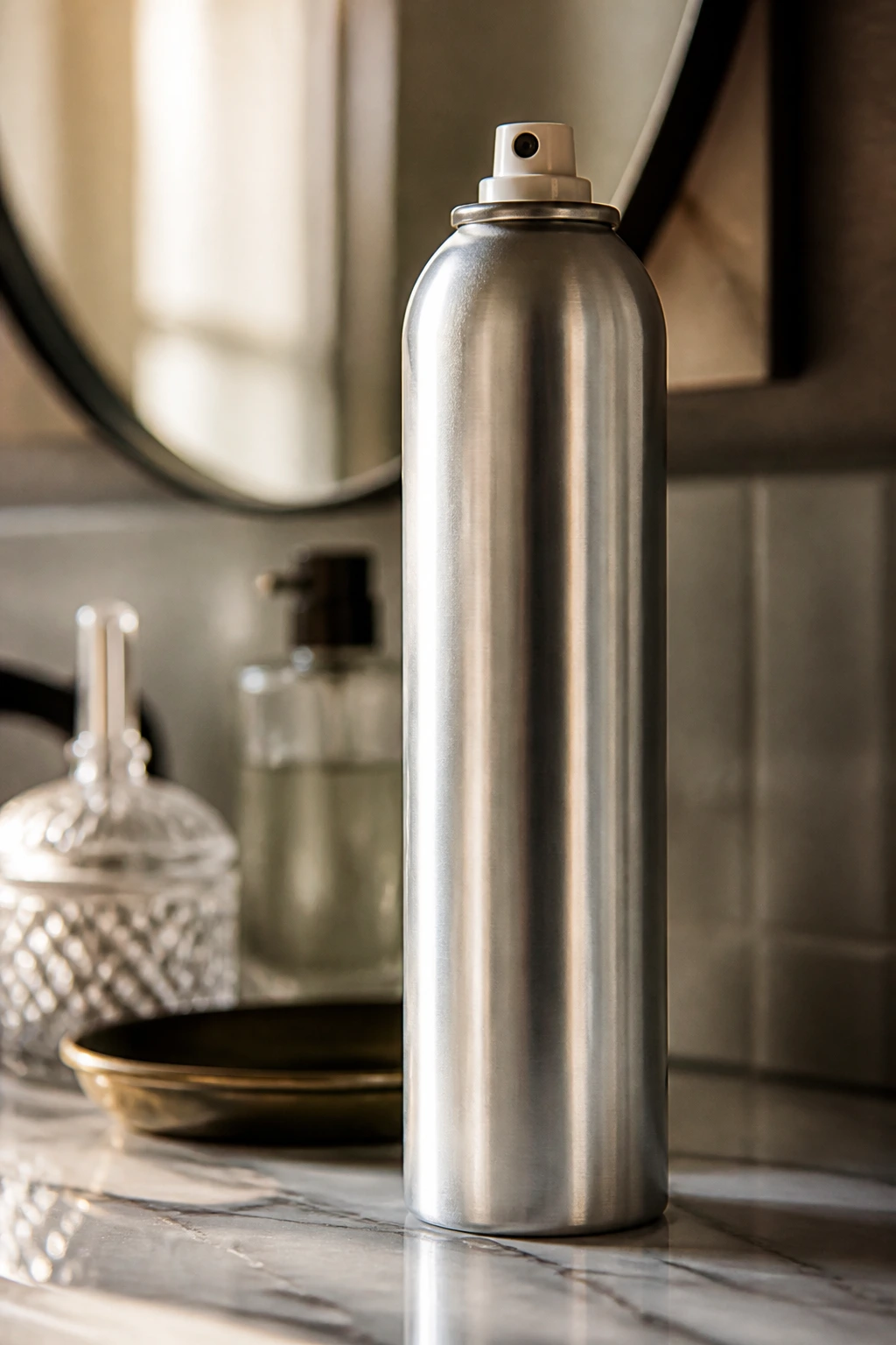Close-up of an unlabeled hairspray bottle on a bathroom counter