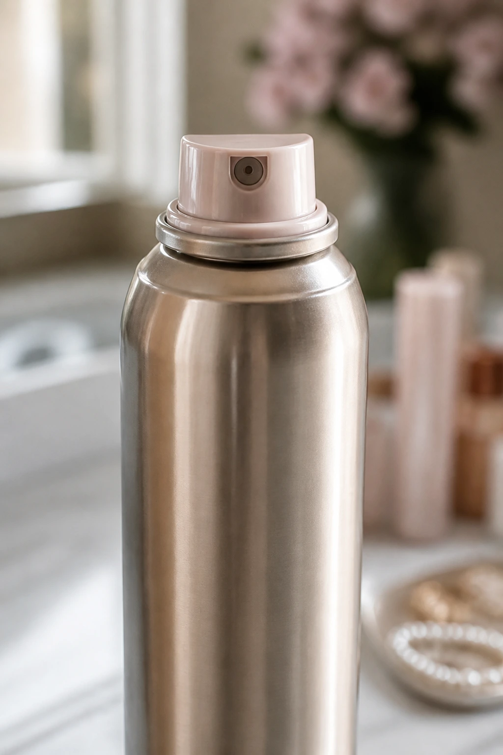 Close-up of a hairspray bottle representing prom hair products.