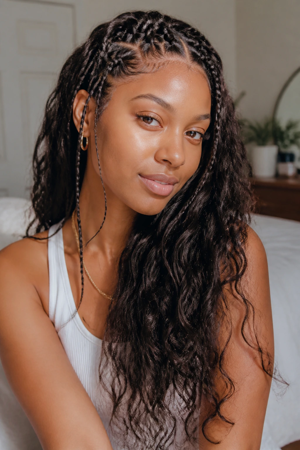 Close-up portrait of a real woman with long hair in a softly lit bedroom.